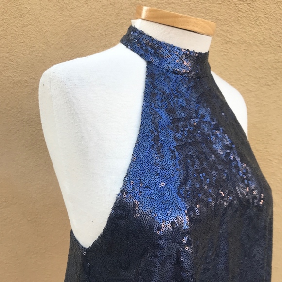 Flirty Blue Sequined Halter Mini Dress Small - Picture 5 of 8
